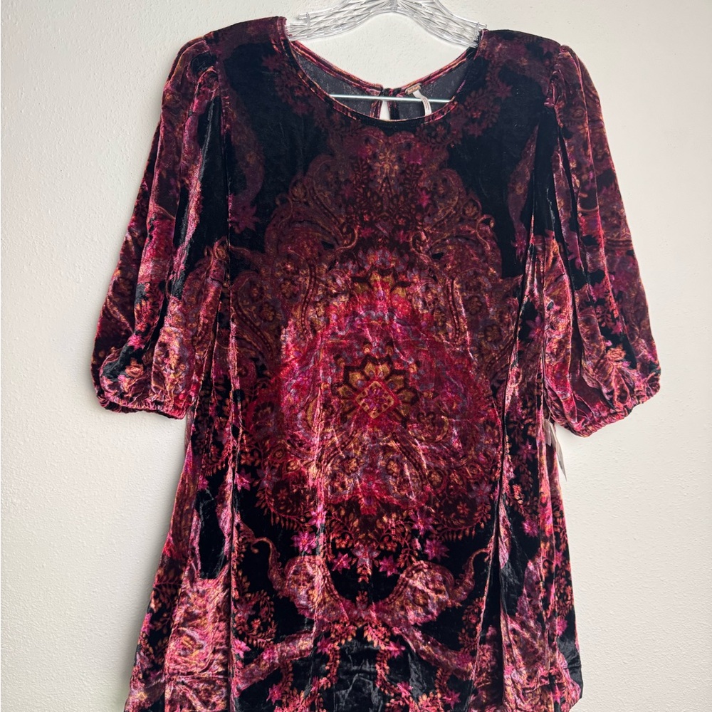 Free People Velvet Blouse Red Black NWT Fall Holiday balloon sleeve romantic